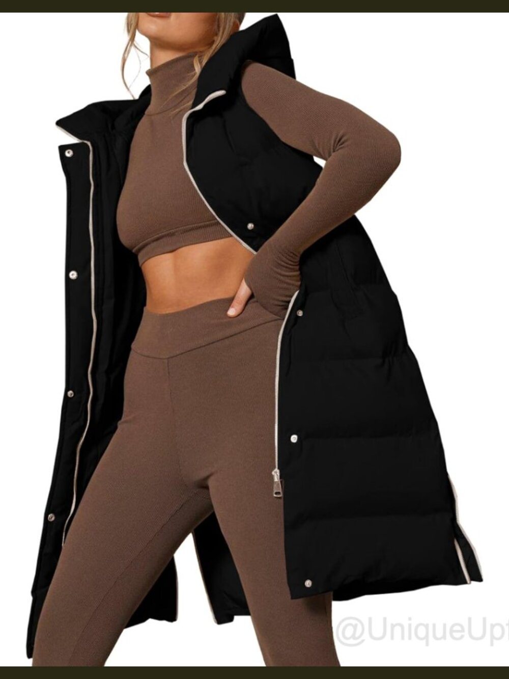 Women's Long Hooded Puffer Vest Sleeveless Zip Quilted Down Vest